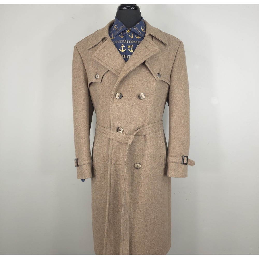 Vintage Stratojac Coat Mens 46 Beige Wool Belted Double Breasted Overcoat Long